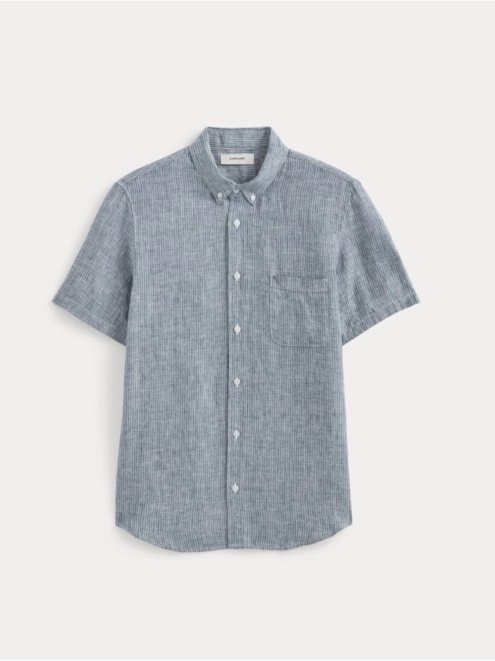 Everlane Linen Button Down, Short Sleeve Shirt, Blue w/ White Stripe, Mens XL